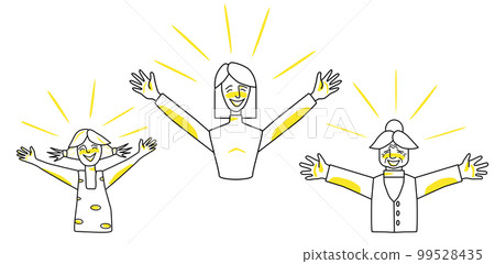 Happy female set. Young, adult and old women with emotion of happiness, smiling, open arms, joyful sun rays. Line art drawing humans. 99528435