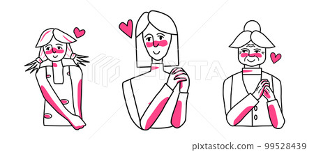 Female in love set. Collection of beloved young, adult and old women with passion, smiling. Line art drawing human characters. Female in love set. Collection of beloved young, adult and old women with passion, smiling. Line art drawing human characters. 99528439
