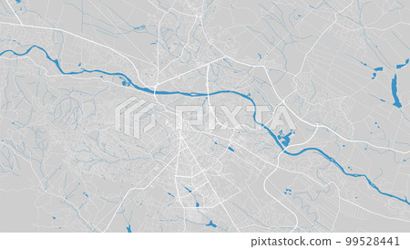 River Prut map, Chernivtsi city, Ukraine. Watercourse, water flow, blue on grey background road map. Vector illustration. 99528441