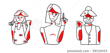 Angry female set. Young, adult and old woman with an irritated mood, anger, choleric emotion, threaten with fists. Line art drawing human characters. Angry female set. Young, adult and old woman with an irritated mood, anger, choleric emotion, threaten with fists. Line art drawing human characters. 99528454