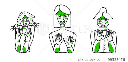 Disgust emotion female set. Young, adult and old women with a disgusted mood, negative reaction, cover themself with hands. Line art drawing human characters. 99528456