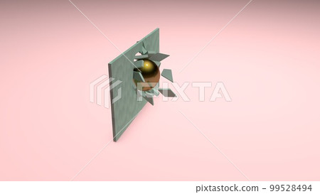 Spherical object in the direction of an obstacle wall, breaking the surface, abstract deformation. Spherical object in the direction of an obstacle wall, breaking the surface, abstract deformation. 99528494