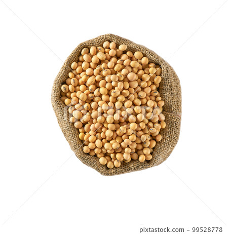 Raw organic soybeans in sack isolated on white background top view. 99528778