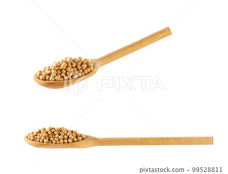 wooden spoon with soybeans isolated on white background. wooden spoon with soybeans isolated on white background. 99528811