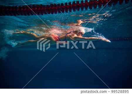 Side view dynamic image. Professional female swimmer training in swimming pool indoor. Underwater view. Concept of sport, endurance, competition 99528895