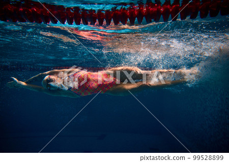 Muscular athlete. Competitive woman, professional female swimmer training in swimming pool indoor. Underwater view. Concept of sport, endurance, competition 99528899