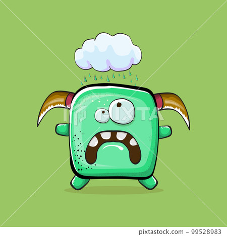 Vector cartoon funny green monster with horn isolated on green background. Smiling silly green monster print sticker design template. Ghost, troll, gremlin, goblin, devil and monster clip art 99528983