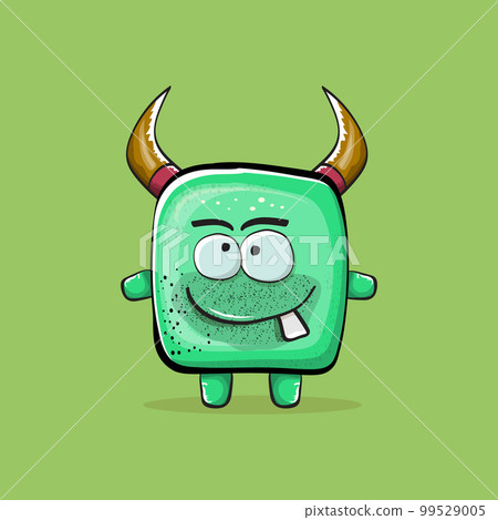 Vector cartoon funny green monster with horn isolated on green background. Smiling silly green monster print sticker design template. Ghost, troll, gremlin, goblin, devil and monster clip art Vector cartoon funny green monster with horn isolated on green background. Smiling silly green monster print sticker design template. Ghost, troll, gremlin, goblin, devil and monster clip art 99529005