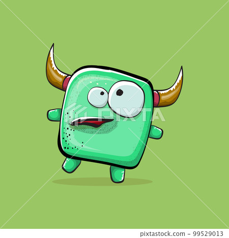 Vector cartoon funny green monster with horn isolated on green background. Smiling silly green monster print sticker design template. Ghost, troll, gremlin, goblin, devil and monster clip art Vector cartoon funny green monster with horn isolated on green background. Smiling silly green monster print sticker design template. Ghost, troll, gremlin, goblin, devil and monster clip art 99529013