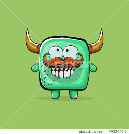 Vector cartoon funny green monster with horn isolated on green background. Smiling silly green monster print sticker design template. Ghost, troll, gremlin, goblin, devil and monster clip art Vector cartoon funny green monster with horn isolated on green background. Smiling silly green monster print sticker design template. Ghost, troll, gremlin, goblin, devil and monster clip art 99529014