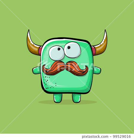Vector cartoon funny green monster with horn isolated on green background. Smiling silly green monster print sticker design template. Ghost, troll, gremlin, goblin, devil and monster clip art Vector cartoon funny green monster with horn isolated on green background. Smiling silly green monster print sticker design template. Ghost, troll, gremlin, goblin, devil and monster clip art 99529016