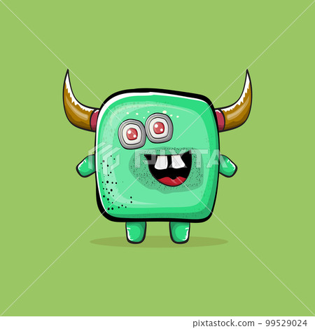 Vector cartoon funny green monster with horn isolated on green background. Smiling silly green monster print sticker design template. Ghost, troll, gremlin, goblin, devil and monster clip art Vector cartoon funny green monster with horn isolated on green background. Smiling silly green monster print sticker design template. Ghost, troll, gremlin, goblin, devil and monster clip art 99529024