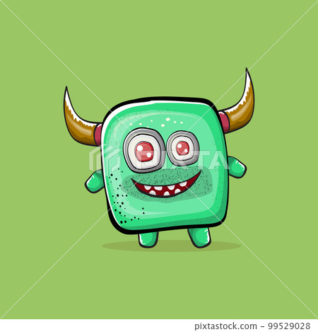 Vector cartoon funny green monster with horn isolated on green background. Smiling silly green monster print sticker design template. Ghost, troll, gremlin, goblin, devil and monster clip art Vector cartoon funny green monster with horn isolated on green background. Smiling silly green monster print sticker design template. Ghost, troll, gremlin, goblin, devil and monster clip art 99529028