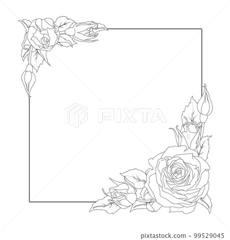 Square wreath of a rose and leaves in line art style. Vector illustration. Hand drawn flower. Black and white drawing. For the design of stickers, wedding invitations, stationery, greeting cards Square wreath of a rose and leaves in line art style. Vector illustration. Hand drawn flower. Black and white drawing. For the design of stickers, wedding invitations, stationery, greeting cards 99529045