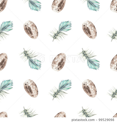 Feathers and eggs seamless pattern. Watercolor illustration. Isolated on a white background. Boho style print. For the design of bed linen, pillows, wrapping paper, napkins, towels, fabric Feathers and eggs seamless pattern. Watercolor illustration. Isolated on a white background. Boho style print. For the design of bed linen, pillows, wrapping paper, napkins, towels, fabric 99529098