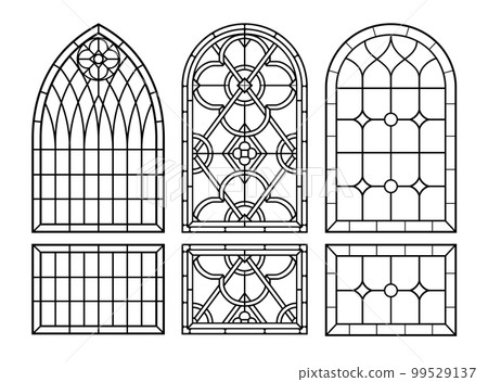 Arched vintage old window set with stained glass Arched vintage old window set with stained glass 99529137