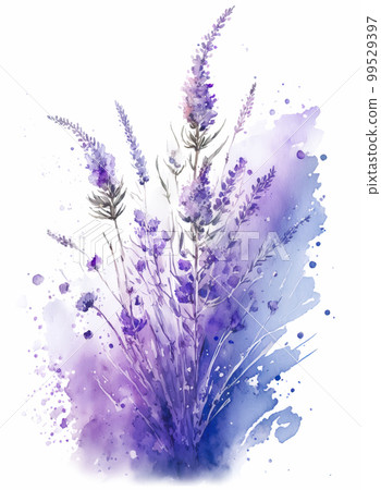 Lavender flowers over vivid watercolor splash background. Generative AI illustration Lavender flowers over vivid watercolor splash background. Generative AI illustration 99529397