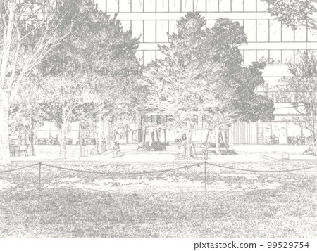 Park lawn and boardwalk. Illustrated photo. monochrome. 99529754