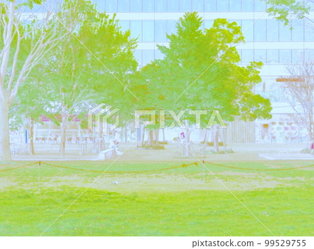 Park lawn and boardwalk. Illustrated photo. Park lawn and boardwalk. Illustrated photo. 99529755