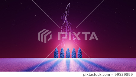 3D illustration of a sky with stars, lightning and trees in a snowy field 3D illustration of a sky with stars, lightning and trees in a snowy field 99529899