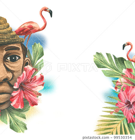 Clay mask in the form of a black man in palm leaves and hibiscus flowers, pink flamingos. Watercolor illustration. Composition of a large set of CUBA. For the decoration and design of tourism, beach Clay mask in the form of a black man in palm leaves and hibiscus flowers, pink flamingos. Watercolor illustration. Composition of a large set of CUBA. For the decoration and design of tourism, beach 99530354