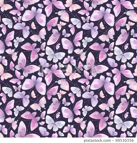Delicate lilac butterflies on a dark purple background. Watercolor illustration. Seamless pattern from the collection of CATS AND BUTTERFLIES. For design of fabric, textiles, wallpaper, packaging Delicate lilac butterflies on a dark purple background. Watercolor illustration. Seamless pattern from the collection of CATS AND BUTTERFLIES. For design of fabric, textiles, wallpaper, packaging 99530356