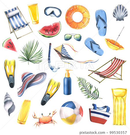 A large set from the BEACH VACATION collection. Watercolor illustration. Isolated objects on a white background are tropical and marine accessories. For decoration and design, compositions. A large set from the BEACH VACATION collection. Watercolor illustration. Isolated objects on a white background are tropical and marine accessories. For decoration and design, compositions. 99530357