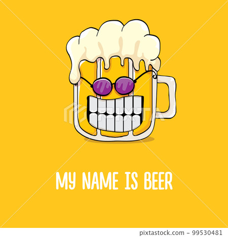 vector cartoon funky beer glass character with sunglasses isolated on orange background.vector beer comic label or poster design template. My name is beer or happy friday print illustration vector cartoon funky beer glass character with sunglasses isolated on orange background.vector beer comic label or poster design template. My name is beer or happy friday print illustration 99530481