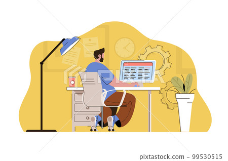 Work optimization concept. Man creates schedule, planning processes and tasks situation. Time management people scene. Vector illustration with flat character design for website and mobile site 99530515