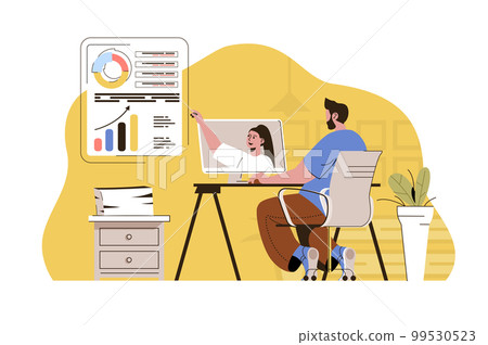 Video conference concept. Man discussing report with colleague via video chat situation. Remote work online people scene. Vector illustration with flat character design for website and mobile site 99530523