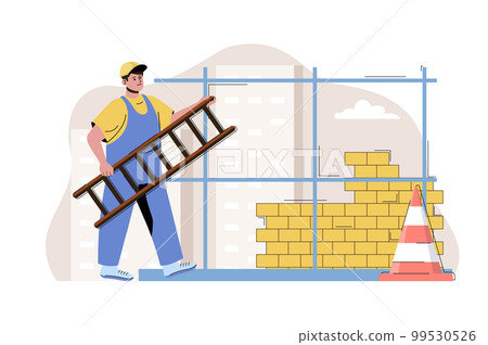 Urban construction concept. Man building brick wall, builder construct house situation. Real estate business people scene. Vector illustration with flat character design for website and mobile site Urban construction concept. Man building brick wall, builder construct house situation. Real estate business people scene. Vector illustration with flat character design for website and mobile site 99530526