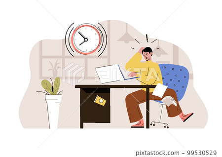 Upcoming deadline concept. Stressed employee rushes to finish task, cannot get in time situation. Work problems people scene. Vector illustration with flat character design for website and mobile site Upcoming deadline concept. Stressed employee rushes to finish task, cannot get in time situation. Work problems people scene. Vector illustration with flat character design for website and mobile site 99530529