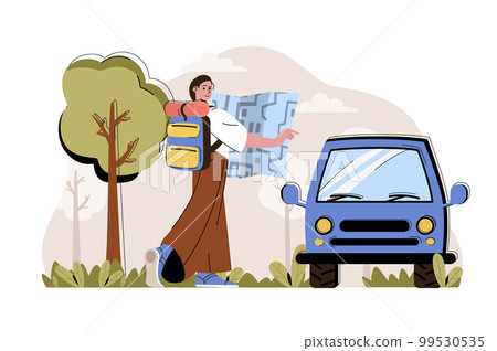 Travel impressions concept. Woman with backpack goes on trip by car situation. Vacation, tourism, adventure people scene. Vector illustration with flat character design for website and mobile site Travel impressions concept. Woman with backpack goes on trip by car situation. Vacation, tourism, adventure people scene. Vector illustration with flat character design for website and mobile site 99530535