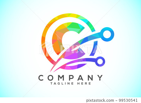 Polygonal low poly C alphabet in a circle with technology sign symbol. Technology logo design concept 99530541