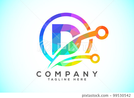 Polygonal low poly D alphabet in a circle with technology sign symbol. Technology logo design concept 99530542