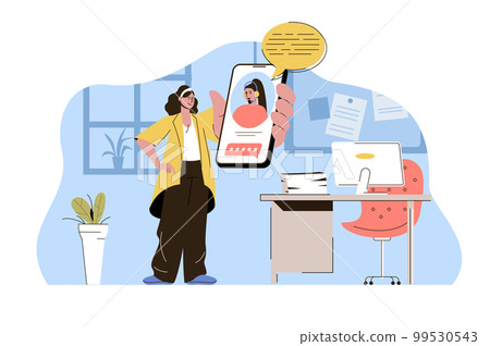 Support service concept. Woman calling customer service situation. Client communicates online with operator people scene. Vector illustration with flat character design for website and mobile site 99530543