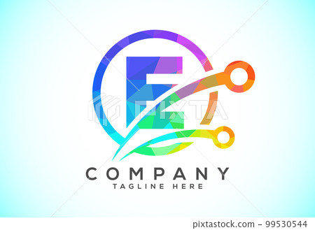 Polygonal low poly E alphabet in a circle with technology sign symbol. Technology logo design concept 99530544