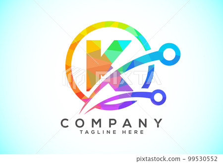 Polygonal low poly K alphabet in a circle with technology sign symbol. Technology logo design concept 99530552