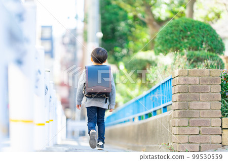 A boy walking with a school bag 99530559