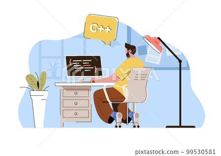 Software engineering concept. Programmer creates apps, works at computer situation. Development of programs people scene. Vector illustration with flat character design for website and mobile site 99530581