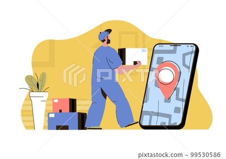 Smart delivery concept. Courier holds parcel, express delivering to client situation. Services in mobile app people scene. Vector illustration with flat character design for website and mobile site Smart delivery concept. Courier holds parcel, express delivering to client situation. Services in mobile app people scene. Vector illustration with flat character design for website and mobile site 99530586