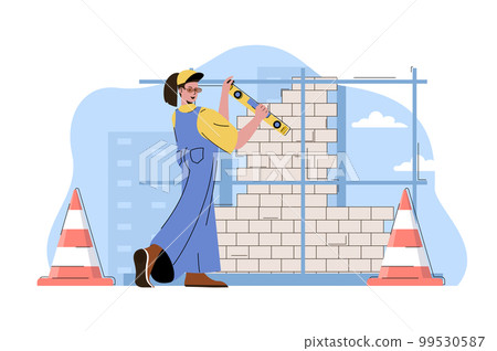 Skyscraper construction concept. Woman builder working on building site situation. Real estate business people scene. Vector illustration with flat character design for website and mobile site Skyscraper construction concept. Woman builder working on building site situation. Real estate business people scene. Vector illustration with flat character design for website and mobile site 99530587