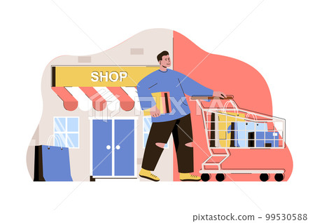 Shopping and vacation concept. Man shopping in the store on travel situation. Shopper puts purchases in cart people scene. Vector illustration with flat character design for website and mobile site 99530588