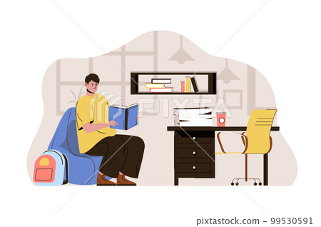 Self education concept. Student reads book, studying subjects at home situation. Knowledge, cognitive ability people scene. Vector illustration with flat character design for website and mobile site Self education concept. Student reads book, studying subjects at home situation. Knowledge, cognitive ability people scene. Vector illustration with flat character design for website and mobile site 99530591