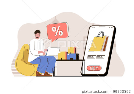 Seasonal discount concept. Man buying goods on sale using laptop situation. Online shopping in mobile app people scene. Vector illustration with flat character design for website and mobile site Seasonal discount concept. Man buying goods on sale using laptop situation. Online shopping in mobile app people scene. Vector illustration with flat character design for website and mobile site 99530592
