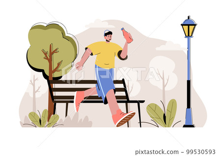 Running concept. Man running in park, sport activity situation. Outdoor cardio workout, marathon preparation people scene. Vector illustration with flat character design for website and mobile site Running concept. Man running in park, sport activity situation. Outdoor cardio workout, marathon preparation people scene. Vector illustration with flat character design for website and mobile site 99530593