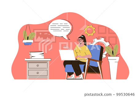 Remote work concept. Woman working online with laptop from home office situation. Freelancer workplace people scene. Vector illustration with flat character design for website and mobile site 99530646