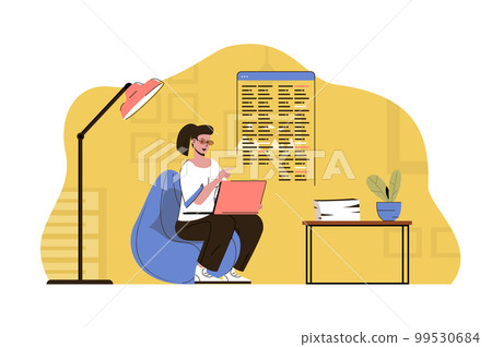Outsourcing service concept. Woman employee performs work in remote office situation. Project work, freelance people scene. Vector illustration with flat character design for website and mobile site 99530684