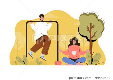 Outdoor training concept. Man exercises on horizontal bar, woman meditates situation. Healthy lifestyle people scene. Vector illustration with flat character design for website and mobile site 99530689