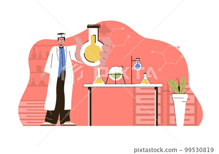 Medical research concept. Laboratory assistant conducts tests in flasks in lab situation. Drug development people scene. Vector illustration with flat character design for website and mobile site 99530819